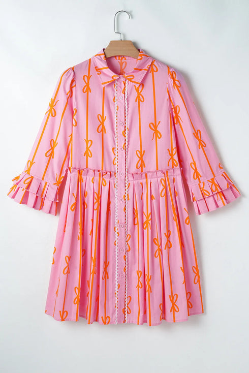 ruffled-bow-printed-three-quarter-sleeve-shirt-dress OhSoStyled - Sophia's Style-2